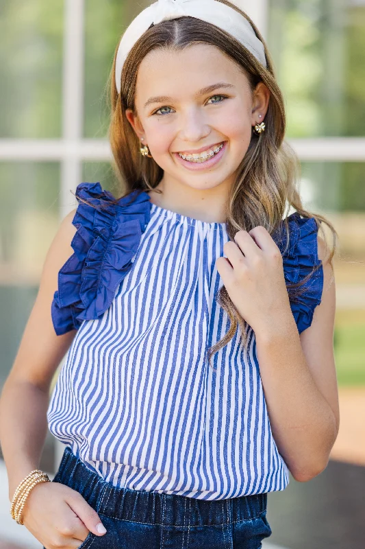 Girls: Listen To Your Heart Navy Blue Striped Ruffled Blouse