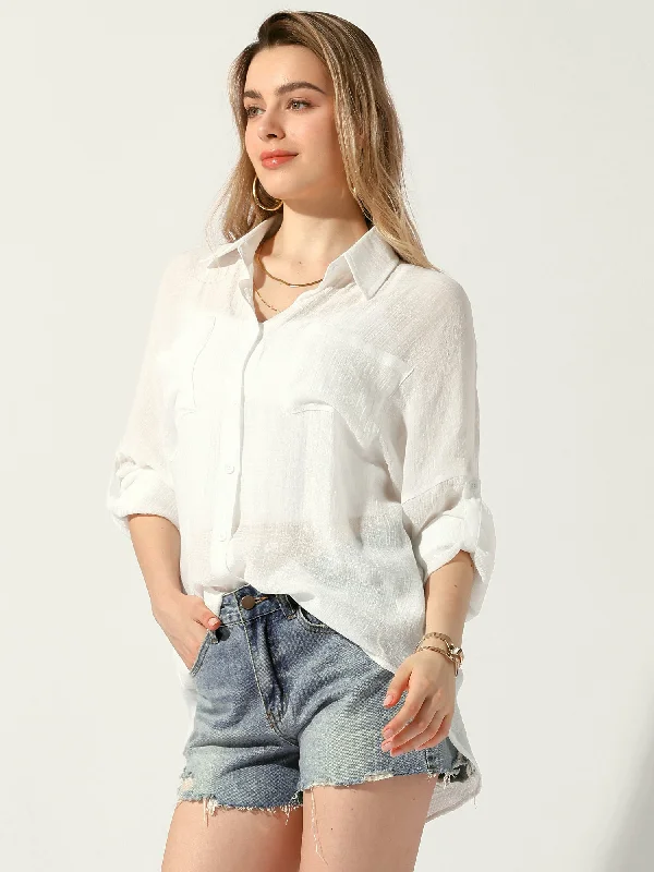 Long Sleeve Oversized Boyfriend Sheer Button Down Shirt