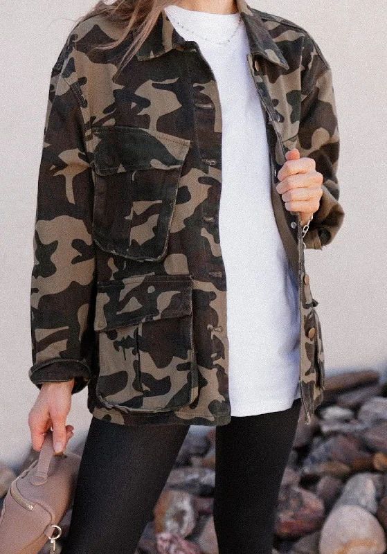 Outlands Oversized Camo Cargo Pocket Denim Jacket