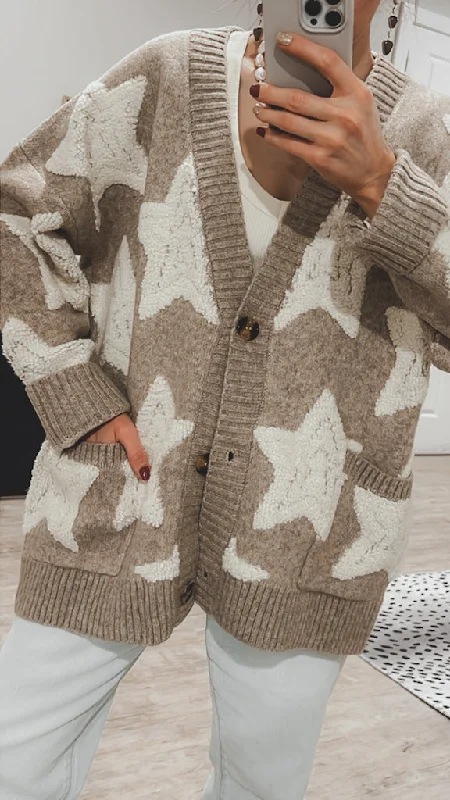 Starry Comfort: Sherpa Accent Star Oversized Cardigan